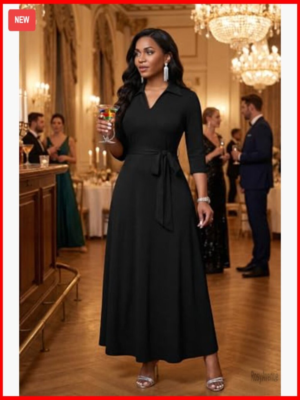 Maxi Dress V Neck 3/4 Sleeve Fit & Flare Semi Formal Casual - Picture 6 of 7